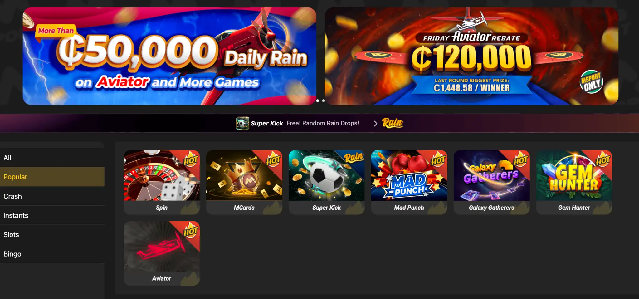 Selection of casino games available on MSport